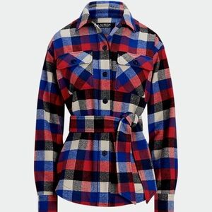 Lauren Ralph Lauren Buffalo Check Belted Twill Shirt Jacket Wool Blend Shacket